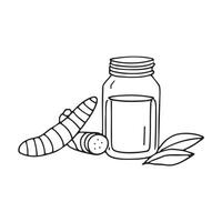 A turmeric root near several spice jars vector