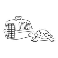 A turtle next to a closed pet carrier on the floor vector
