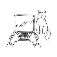 Hands typing with a nearby cat on the desk vector