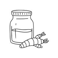 A turmeric root placed beside some spice jars vector