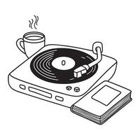 A turntable beside a cup of tea and a notebook vector