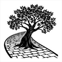 olive tree leaning over cobblestone path vector