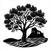 olive tree at edge of ancient ruins vector