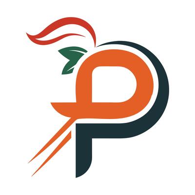 Letter P creative logo with swoosh green leaves and ribbon
