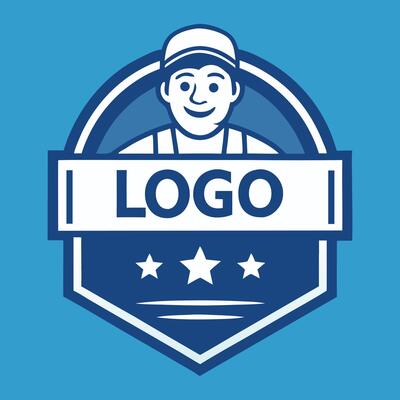 Retro badge logo with smiling man stars and ribbon banner