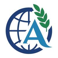 Globe and letter A logo with green wheat and arrow curve vector