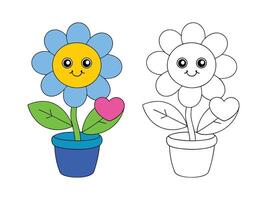 Smiling flower cartoon in pot with colorful petals and leaves vector