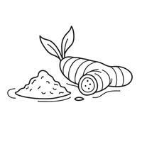 A turmeric root beside some spilled spice powder vector