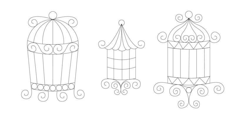Bird cages collection in hand drawn line art doodle style set of simple metal cages for birds home decor pet housing minimal sketch vintage look