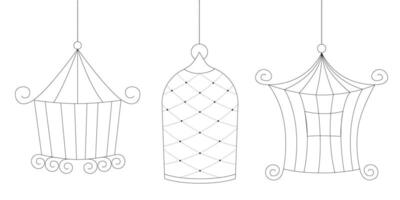 Line art sketch set of bird cages in doodle hand drawn style collection of metal cages for keeping birds at home different sizes isolated design vector