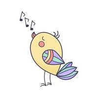 Cute singing bird in colorful doodle style on white background. Hand-drawn cartoon element for kids, prints, stickers, and spring design projects. vector