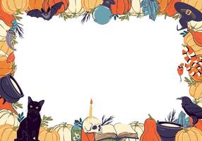 Rectangle frame with magic items, Halloween decoration. Template with witchcraft and witchcraft items, cauldron, grimoire, potion, elixir, skull, magic ball, cat, snake, owl, toad, spider. . vector