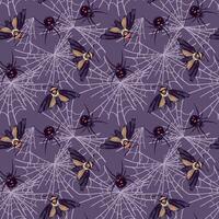 seamless pattern with black spider and butterfly in flat style. Widow Latrodectus occidentalis and Death's Head moth hanging on the web. Halloween background design. vector