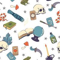 Seamless pattern for Halloween. Various items for witchcraft, fortune telling and occultism. Crystal ball, skull, ritual knife, magic wand, tarot cards, snake and grimoire with spells. vector