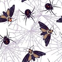 Black widow spider Latrodectus occidentalis and Death's head moth hanging on the web. seamless pattern with black spider and butterfly in flat style. Halloween background. vector