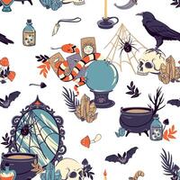Seamless pattern with occult objects Witchcraft, astrological, esoteric, magic symbols background with mirror, cauldron, skull, potion, raven, snake, crystal, divination ball, snake, tarot card vector