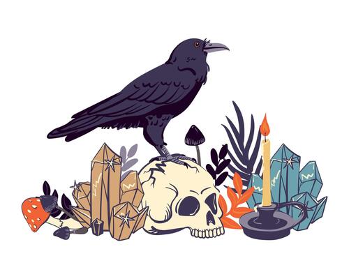 Black raven standing on a human skull. illustration for Halloween. Witch's familiar, magical totem animal, guide to the afterlife. Symbol of death, witchcraft, mysticism and alchemy. Magic item