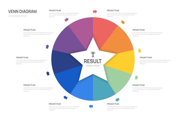 Venn diagram infographic star arrow chart template for business start up presentation with venn diagram elements illustration.
