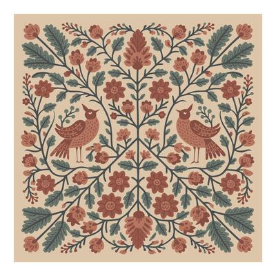 Symmetrical Folk Art Design with Birds Flowers and Leaves on Tan
