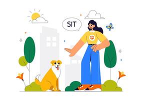Instructor Training Dogs at Outdoor Playground with Tricks and Jump Activities in Flat Style vector