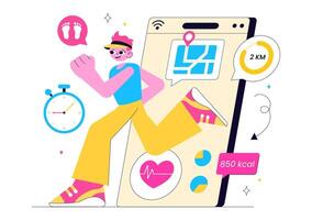 Virtual Exercise Class with People Staying Fit Using a Mobile Fitness Platform vector