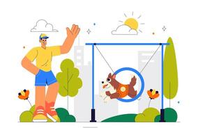 Flat Style of Dogs Practicing Tricks and Jumps at a Training Center with a Trainer vector