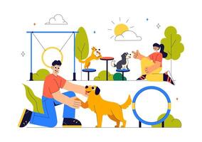 Dog Training Playground Illustration with Instructor Teaching Tricks and Jumping Skills in Flat Cartoon Style vector