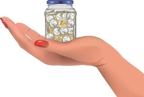 A hand holding a jar full of coins vector