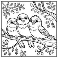 Coloring Page Outline Of cartoon sparrows on a tree branch vector