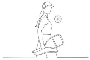 Female pickleball player silhouette in continuous one line drawing. Emblem and logo. Outline illustration, isolated on white background vector