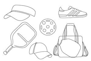 Set of pickleball elements, ball, racket, sneakers, cap, bag, doodle style in continuous one line drawing isolated on white background vector