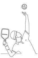 Continuous one line drawing of male pickleball player silhouette and dynamic moving ball. Hand drawn illustration of pickleball player isolated on white background. vector