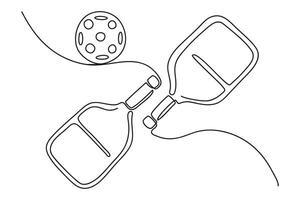 Continuous one line drawing of pickleball rackets for playing with balls. Pickleball rackets one line. Outline illustration, isolated on white background vector
