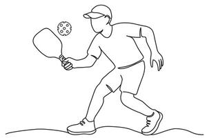 Continuous one line drawing of male pickleball player silhouette and dynamic moving ball isolated on white background. vector