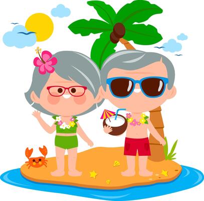 Elderly couple at tropical beach on an island. Senior people relax with drinks on summer vacations near the sea.