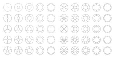 Circle division from 1 to 10 equal parts. Segmented diagrams. Coaching empty blank. Pie, pizza chart icons. Set of black thin Infographics patterns. Wheel round divided. Section graph. Donut charts. vector