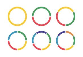 Donut charts segmented on equal parts from 1 to 6. Wheels divided in sections. Diagrams multicoloured infographic. Circle section graph. Pie, pizza chart round icon. Loading bar flat template. vector