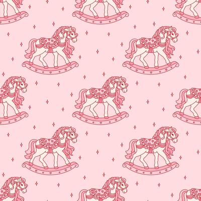 Festive seamless pattern of vintage toy, rocking horse in coquette aesthetic. Whimsical background of animal with bow ribbon, stars. Vintage backdrop for greeting cards, wedding, invitations