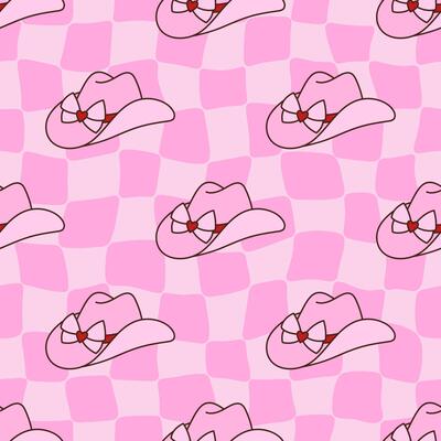 Pink trippy grid seamless pattern of cowgirl hat. Groovy distorted chessboard background. Design with Western headdress decorated coquette bow, heart. Women Wild West head accessory. Retro aesthetic