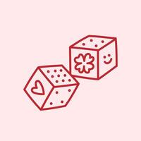 Pair of dice with clover leaf, heart and smiling face. Cubes symbol of luck. Coquette hand drawn doodle element. Vintage tattoo design vector