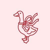Goose with coquette bow ribbon. Cute bird isolated element design on pink background. Funny farm animal. Whimsy decorative clip art vector