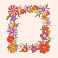 70s 60s retro groovy wreath of hippie daisy flowers. Floral rectangular frame on beige background. Hand-drawn illustration border in vintage boho style vector