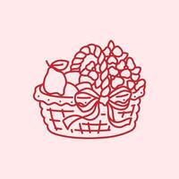 Picnic basket with lemon fruit, flowers, decorated with bow ribbon and lace napkin. Coquette aesthetic. Summer rustic design element for cards, invitations. clip art vector