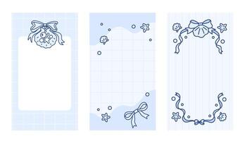 Trendy stories templates for social media. Set of marine vertical frames with coquette pretty charming bows, seashells, pearls, sea stars. Checkered and striped background. Summer beach vibe vector