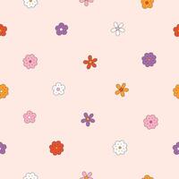 Retro seamless pattern of small chamomile flowers. Floral ditsy design with groovy tiny daisies. Vintage 60s background. Repeating botanical boho print for wallpaper, wrapping, textile vector