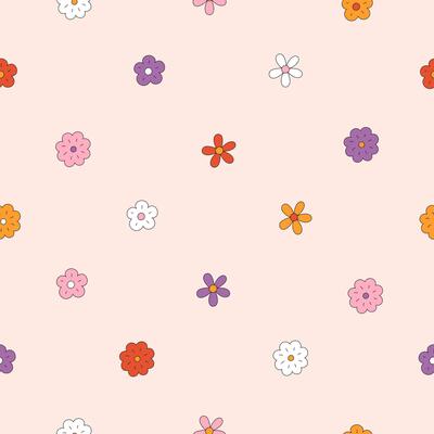 Retro seamless pattern of small chamomile flowers. Floral ditsy design with groovy tiny daisies. Vintage 60s background. Repeating botanical boho print for wallpaper, wrapping, textile