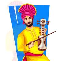 A Bhangra dancer holding the Sarangi Bhangra musical instrument and performing Bhangra steps during an event vector