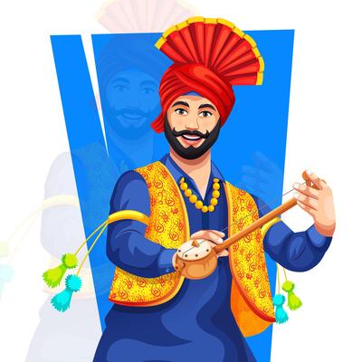 Sikh Bhangra dancer performing bhangra with traditional musical instrument Tumbi during event. Occasion like Baisakhi or Lohri