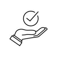 Check mark in hand line icon, concept illustration, outline symbol, sign, linear symbol. vector