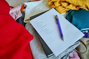 Checklist and pen on top of colorful folded clothes inside open suitcase. Concept of travel planning and packing essentials for trip photo